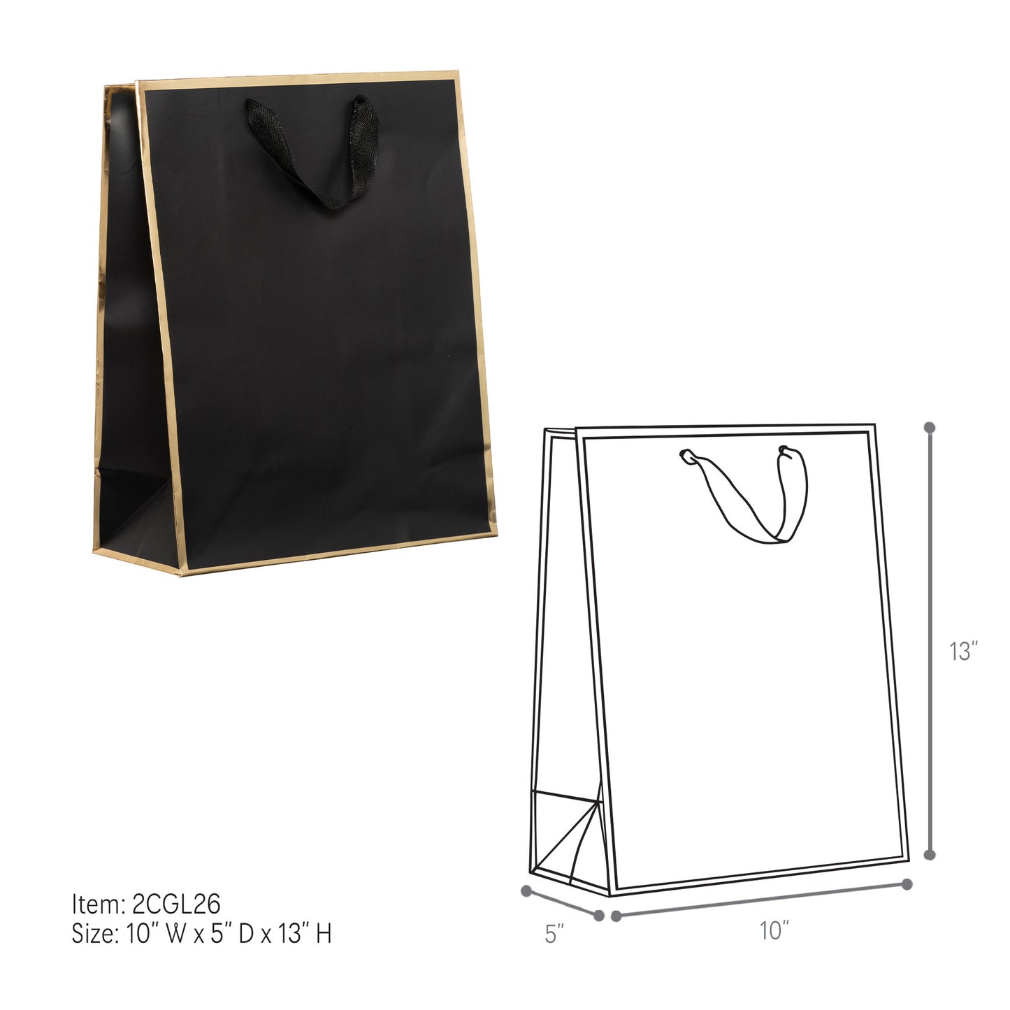 Black paper bag with gold edge and dimensions on a white background