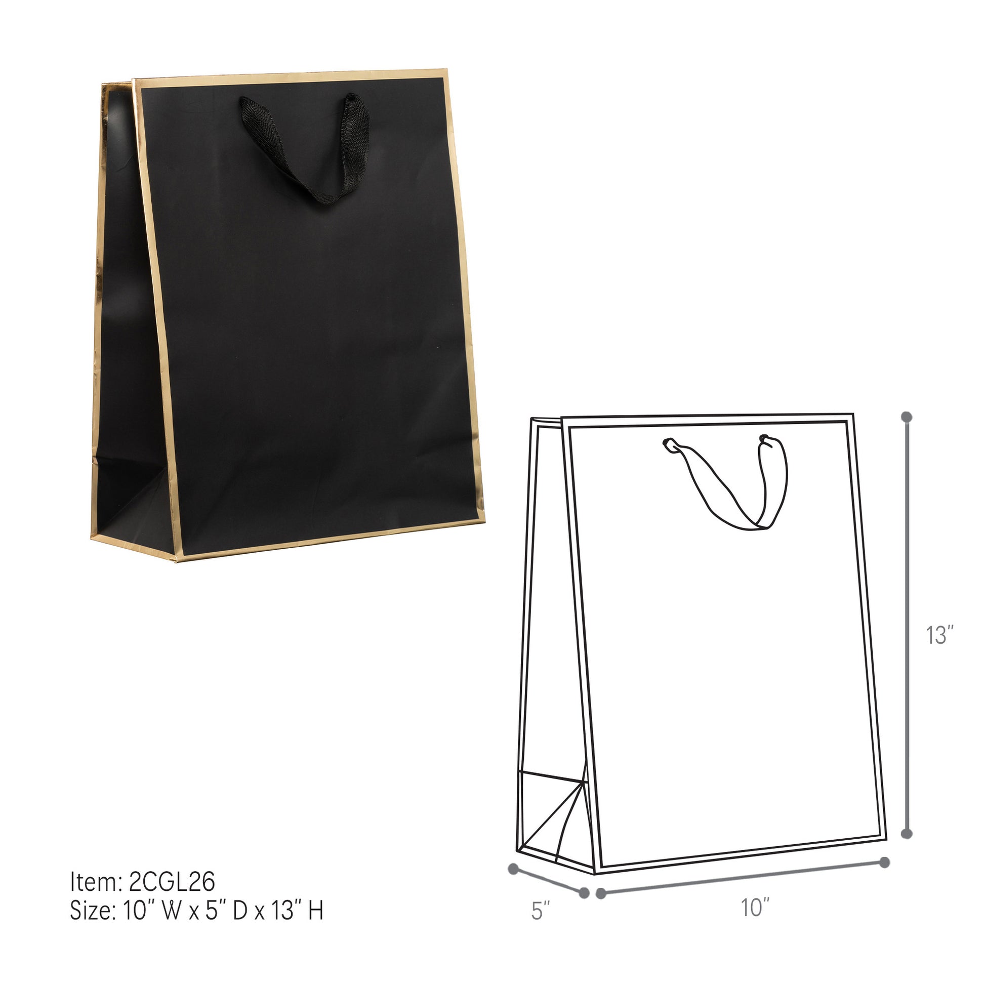 Black paper bag with gold edge and dimensions on a white background