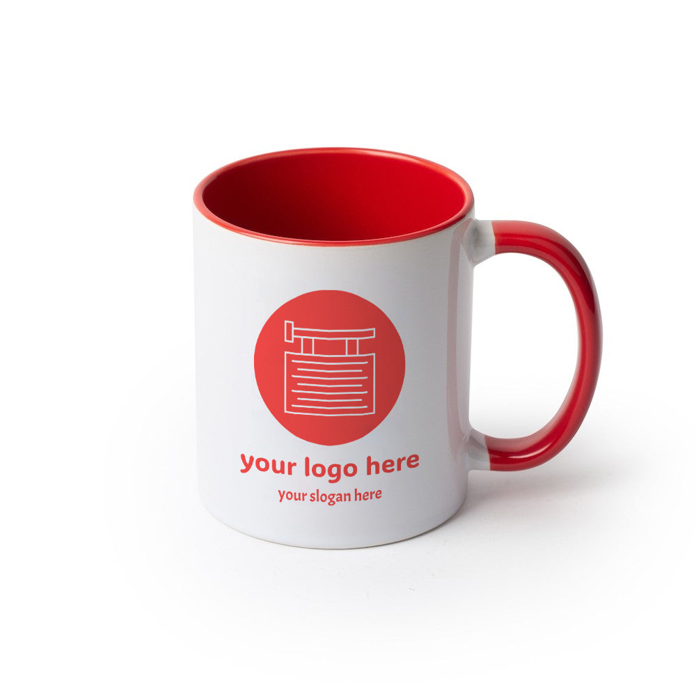 11oz inner colored sublimation mug with red interior and handle accents, featuring placeholder custom logo and slogan design.