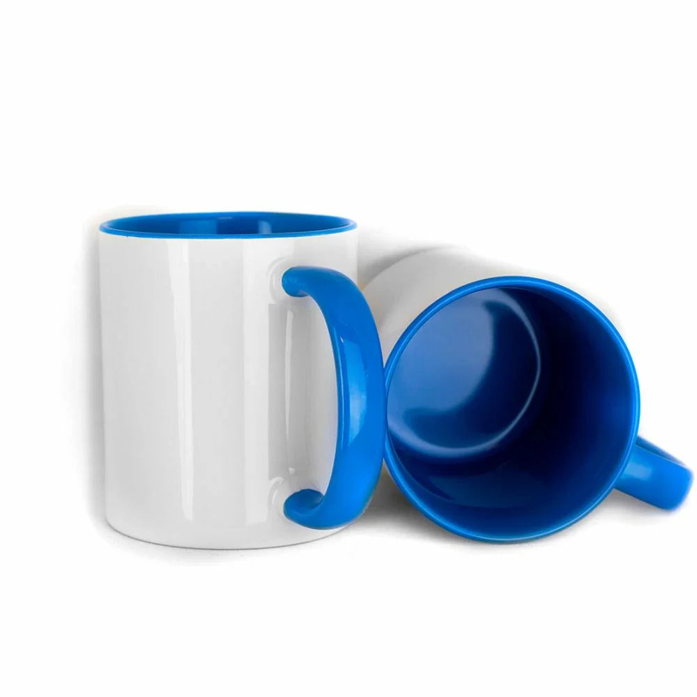 11oz inner colored sublimation mugs with light blue handle and light blue interior, blank white exterior ready for custom printing.