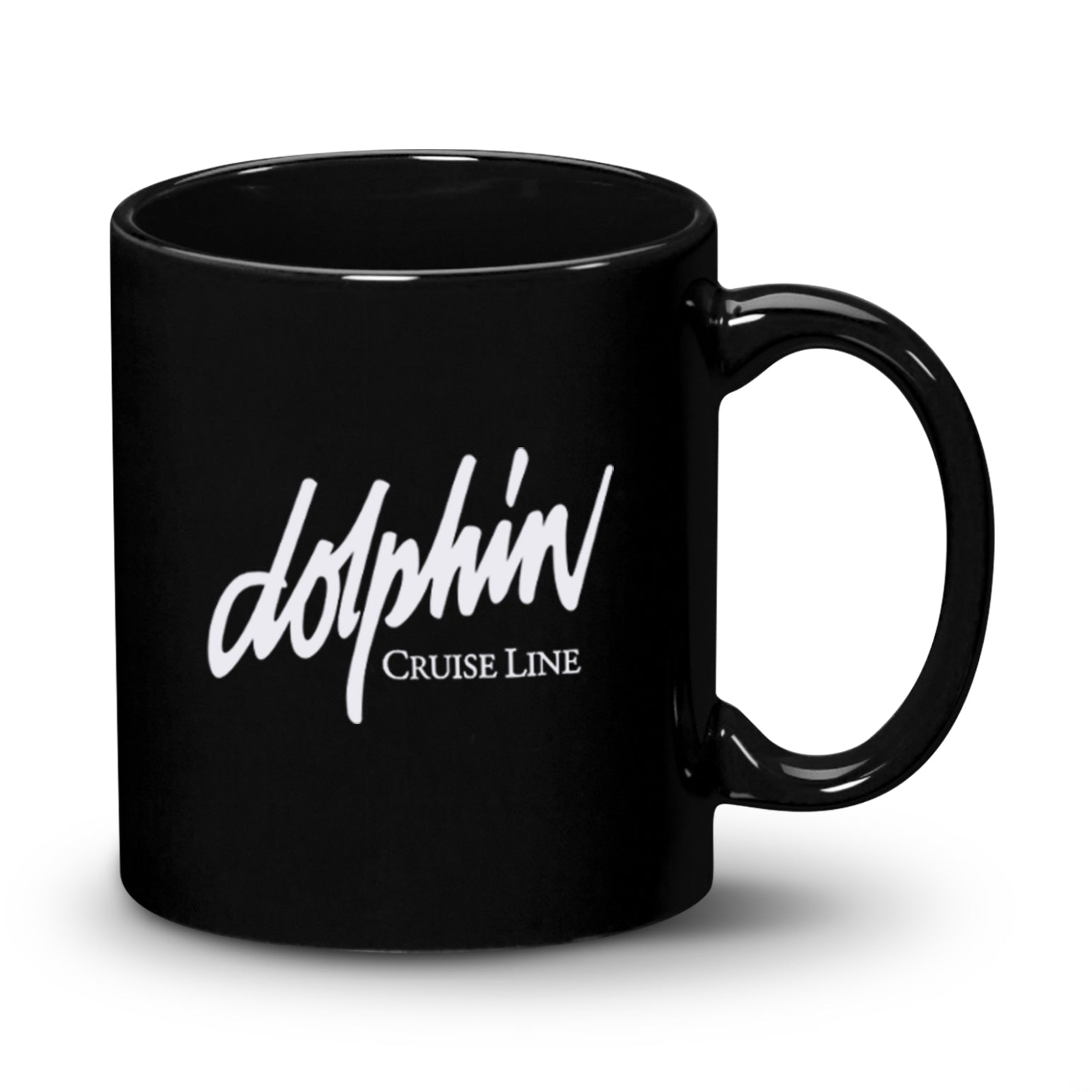 11oz Malibu ceramic mug in black with Dolphin Cruise Line logo printed in white