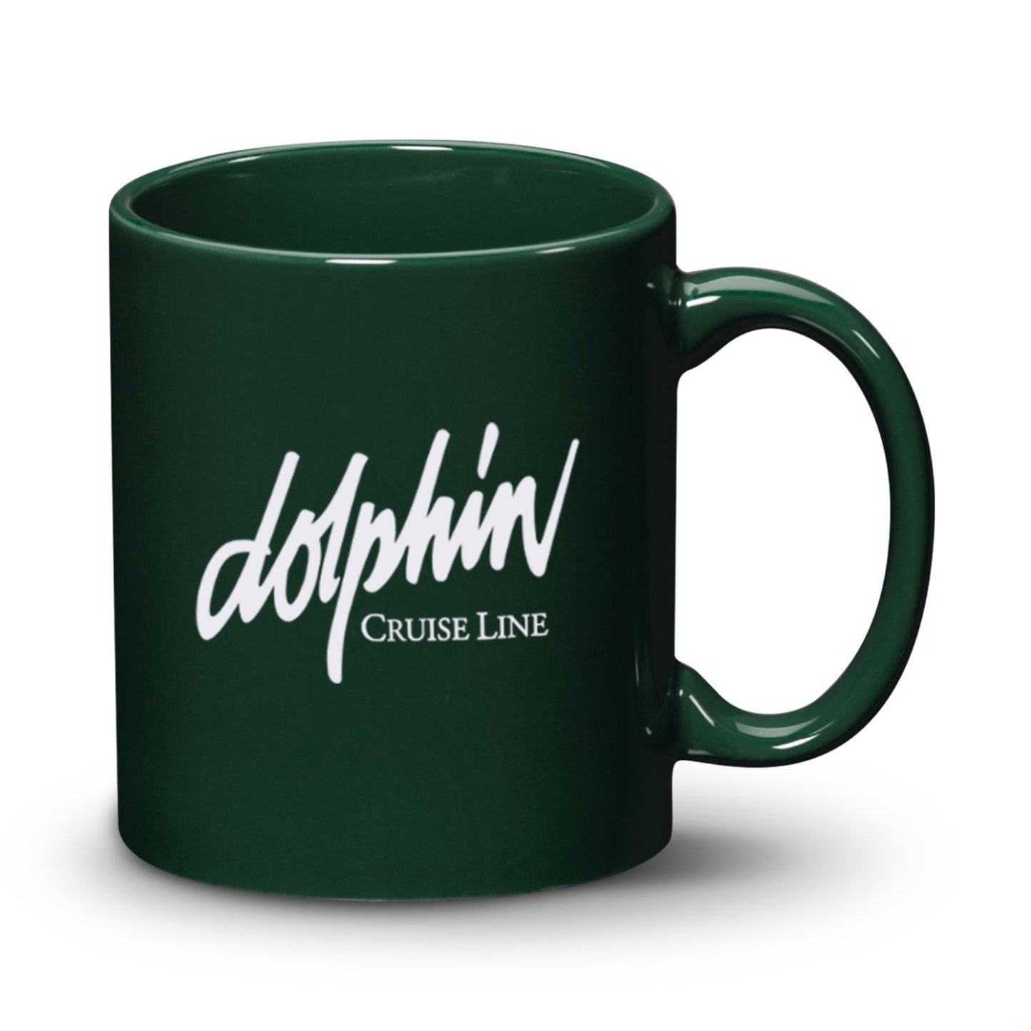 11oz Malibu ceramic mug in dark green with Dolphin Cruise Line logo printed in white.