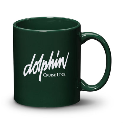 11oz Malibu ceramic mug in dark green with Dolphin Cruise Line logo printed in white.