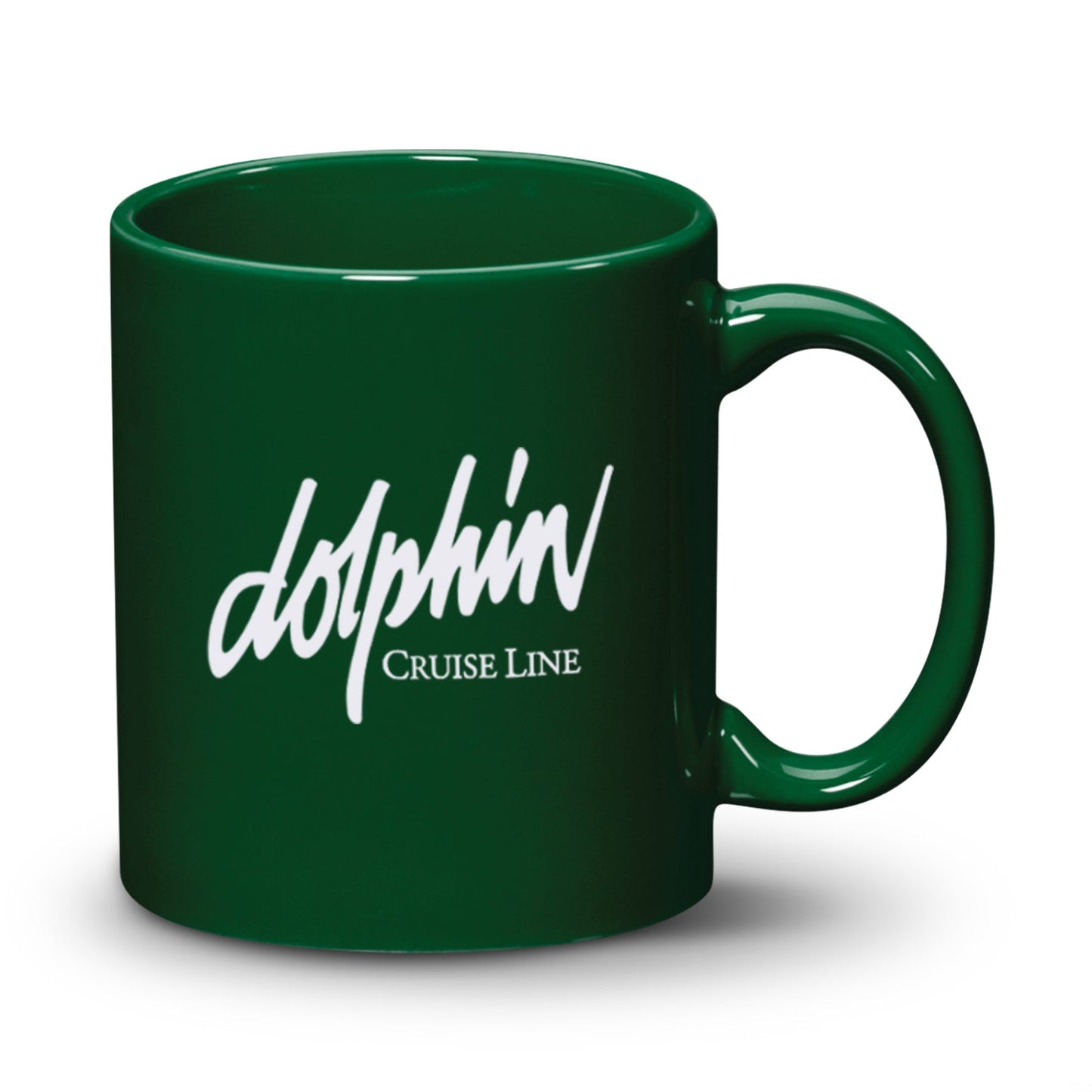 11oz Malibu ceramic mug in green with Dolphin Cruise Line logo printed in white.