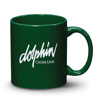 11oz Malibu ceramic mug in green with Dolphin Cruise Line logo printed in white.