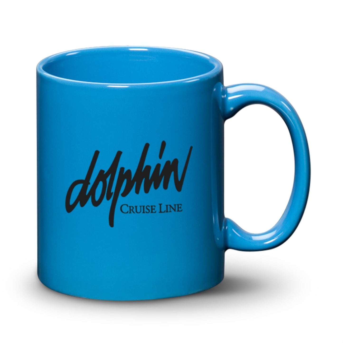 11oz Malibu ceramic mug in light blue with Dolphin Cruise Line logo printed in black.