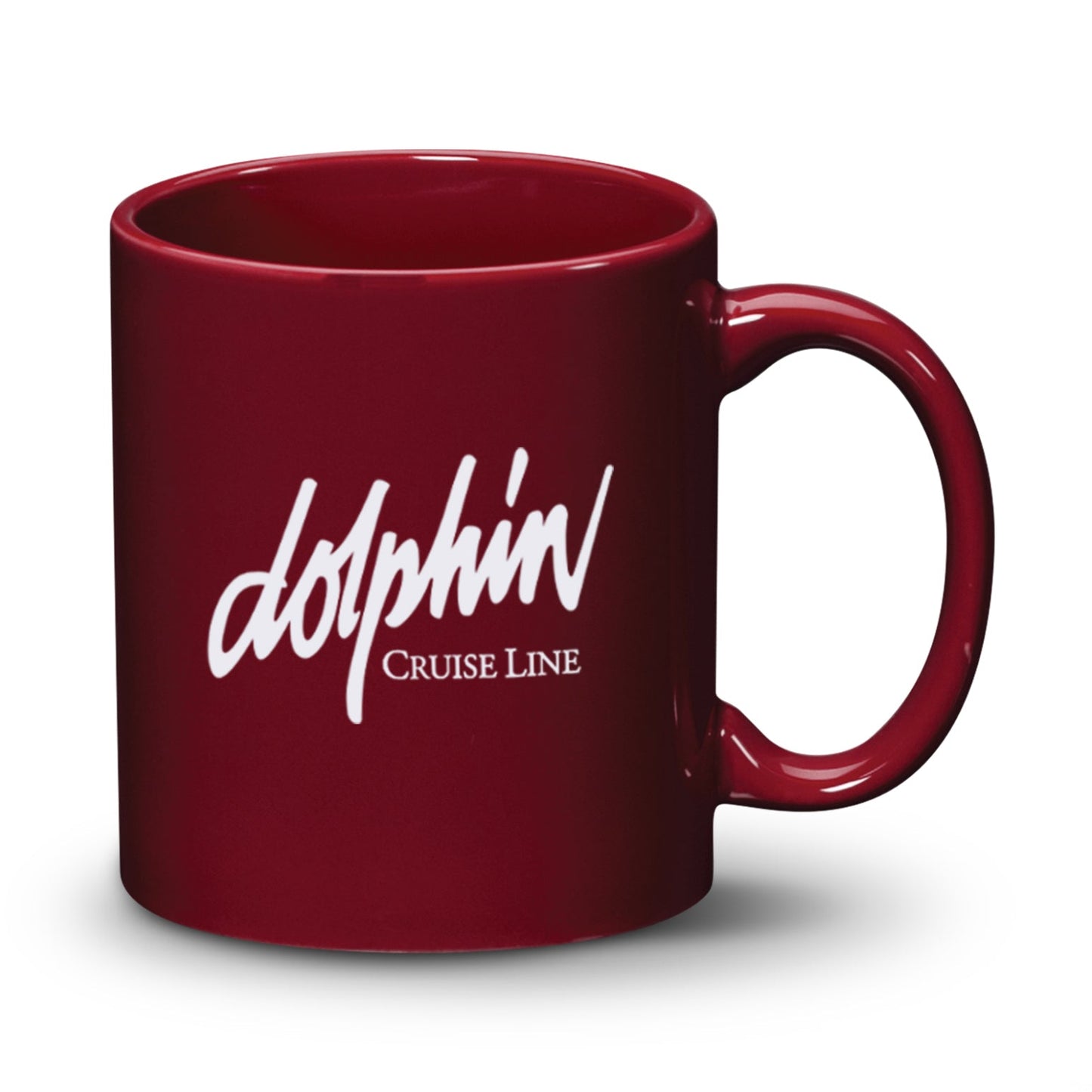 11oz Malibu ceramic mug in maroon with Dolphin Cruise Line logo printed in white.