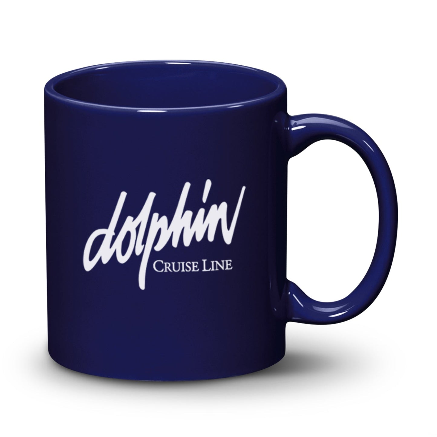 11oz Malibu ceramic mug in navy blue with Dolphin Cruise Line logo printed in white.