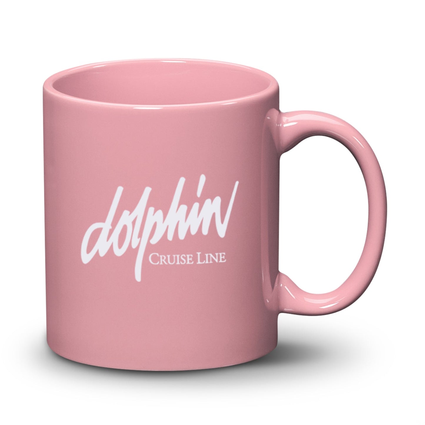11oz Malibu ceramic mug in pink with Dolphin Cruise Line logo printed in white.