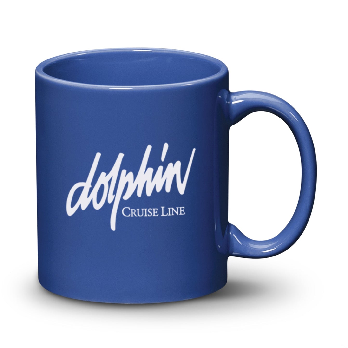 11oz Malibu ceramic mug in royal blue with Dolphin Cruise Line logo printed in white