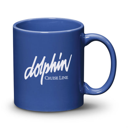 11oz Malibu ceramic mug in royal blue with Dolphin Cruise Line logo printed in white