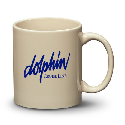 11oz Malibu ceramic mug in tan with Dolphin Cruise Line logo printed in blue.