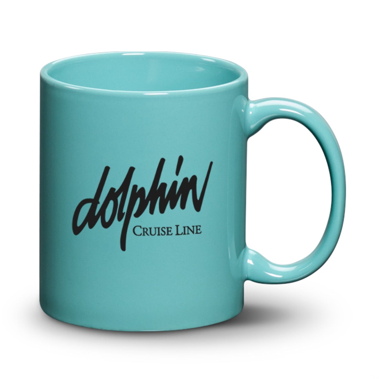 11oz Malibu ceramic mug in teal with Dolphin Cruise Line logo printed in black.