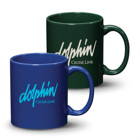 11oz Malibu ceramic mugs in blue and green with Dolphin Cruise Line logo, available in a variety of colours.