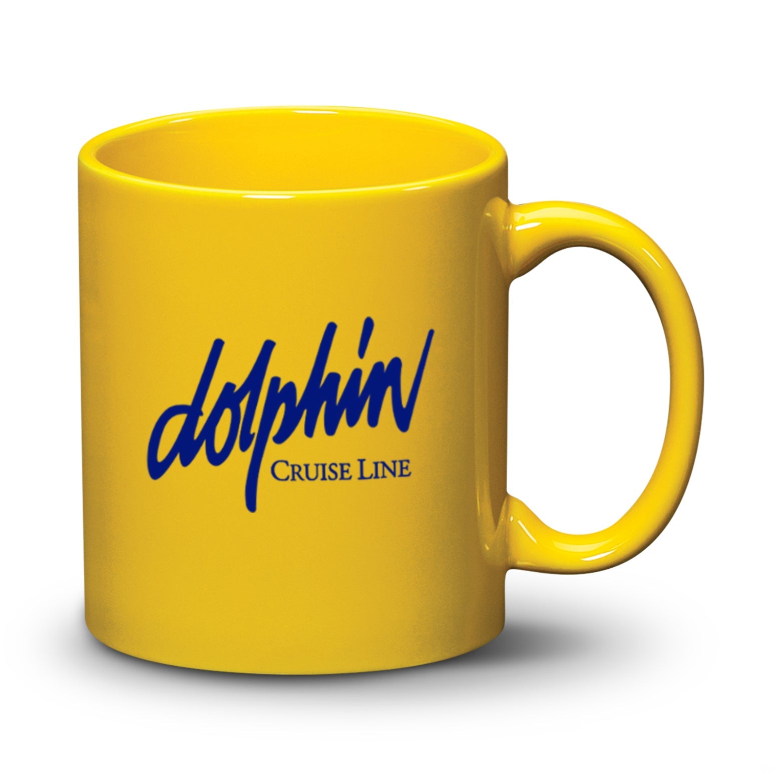 11oz Malibu ceramic mug in yellow with Dolphin Cruise Line logo printed in blue.