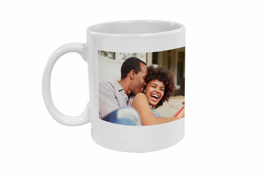 11oz sublimation pearl coat white mug with custom photo print featuring a happy couple, ideal for personalized gifts.