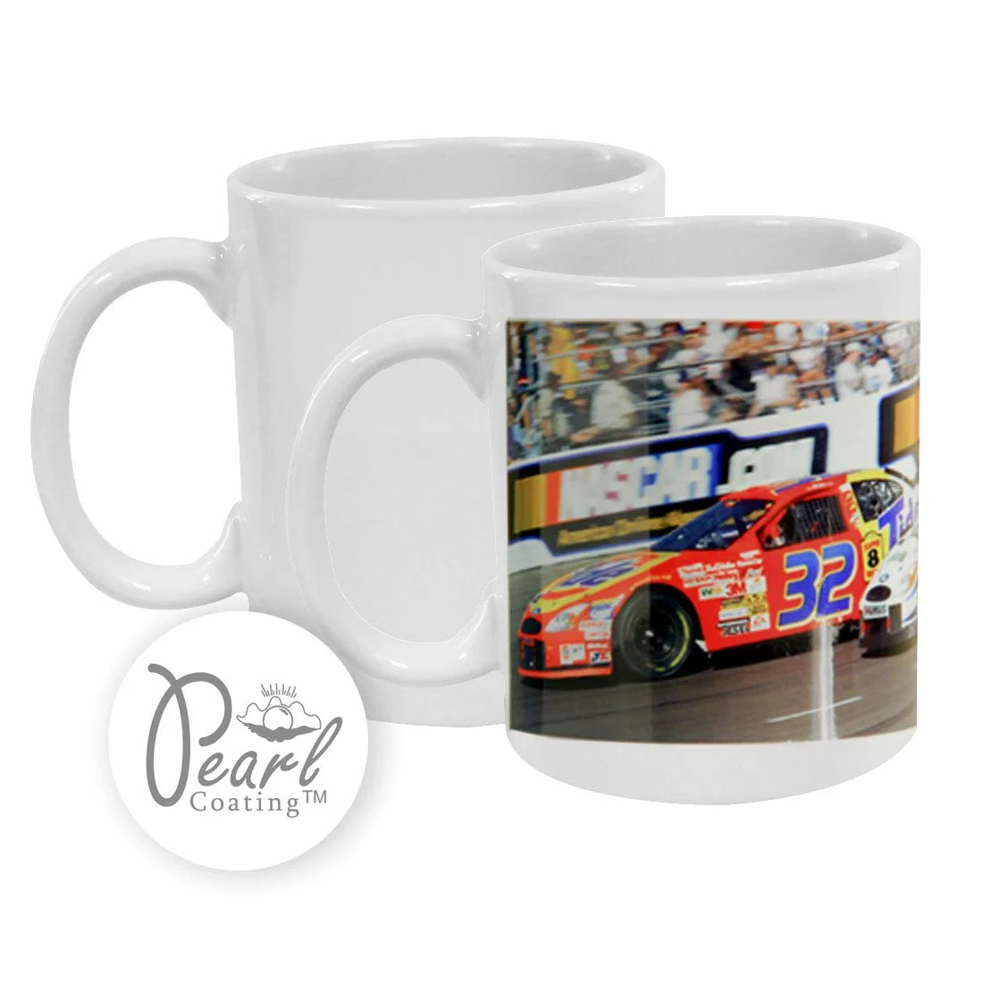 11oz sublimation pearl coat white mug featuring a vibrant NASCAR race car print, perfect for motorsport fans and custom merchandise.