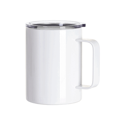 13oz 400ml stainless steel coffee cup with clear flat lid and handle, blank white design ready for custom printing.