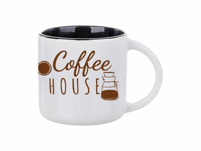 14oz inner colored sublimation mug with black interior, featuring “Coffee House” design with coffee bean and carafe illustration.