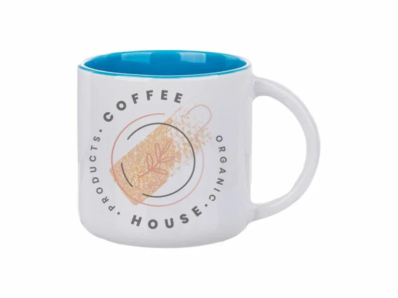 14oz inner colored sublimation mug with blue interior, featuring organic Coffee House design with abstract coffee scoop graphic.