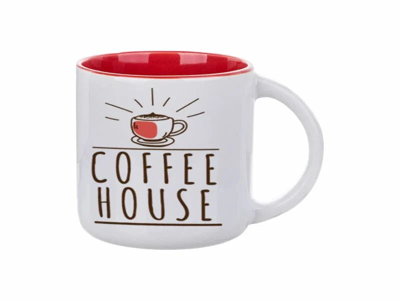 14oz inner colored sublimation mug with red interior, featuring Coffee House design with coffee cup illustration and rays.