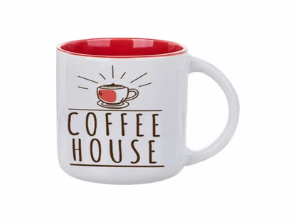 14oz inner colored sublimation mug with red interior, featuring Coffee House design with coffee cup illustration and rays.