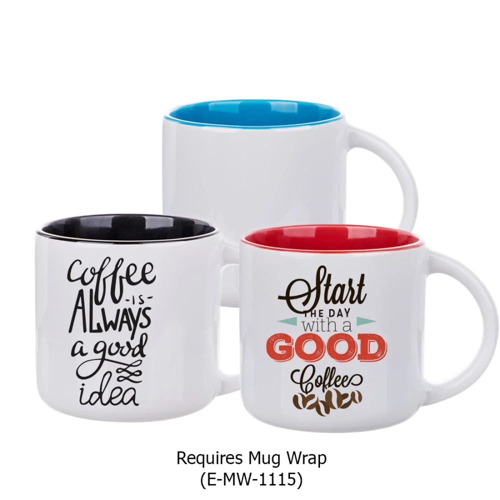 14oz inner colored sublimation mugs with black, red, and blue interiors, featuring coffee-themed designs and blank wrap-ready option.