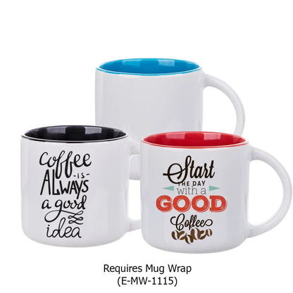 14oz inner colored sublimation mugs with black, red, and blue interiors, featuring coffee-themed designs and blank wrap-ready option.