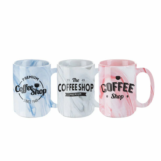 15oz sublimation ceramic marble mugs in blue, white, and pink, each featuring coffee shop themed designs with premium text and logos.