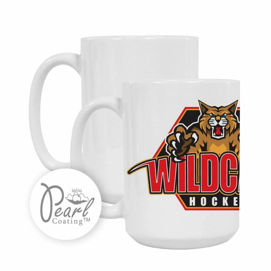 15oz sublimation pearl coat white mug featuring Wildcats Hockey logo in red, yellow, and black with aggressive wildcat graphic.