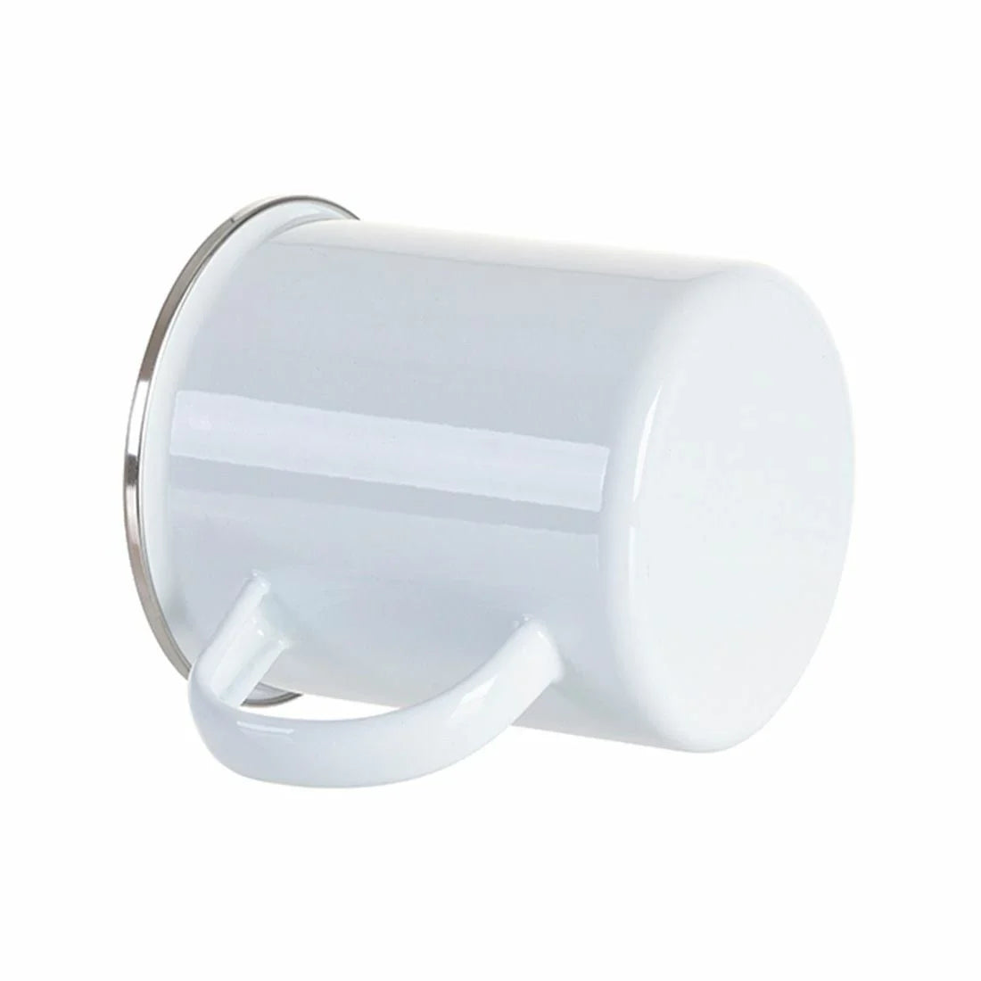 17oz 500ml enamel cup with flat bottom, blank white design shown from side angle with handle and metal rim.