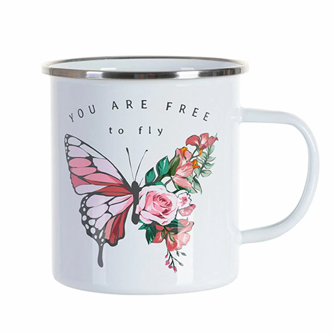 17oz 500ml enamel cup with flat bottom, featuring butterfly and floral design with text “You Are Free to Fly.