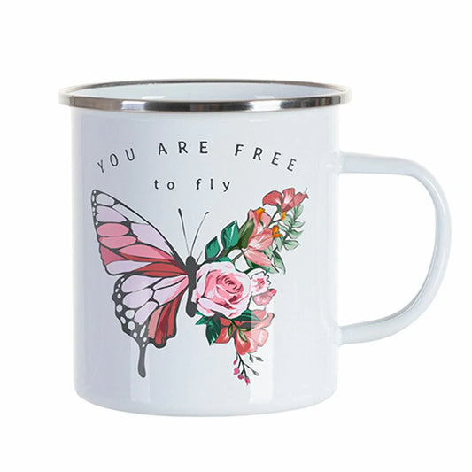 17oz 500ml enamel cup with flat bottom, featuring butterfly and floral design with text “You Are Free to Fly.