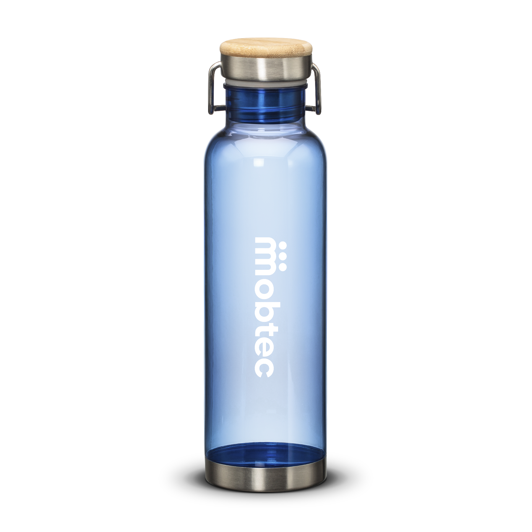 27oz MacLeod bottle in blue with bamboo twist lid and white printed mobtec logo, transparent background