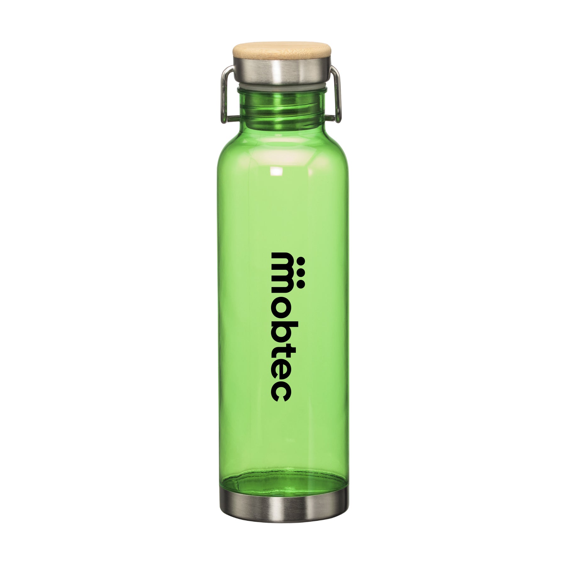 27oz MacLeod bottle with bamboo twist lid and printed logo in black on green body