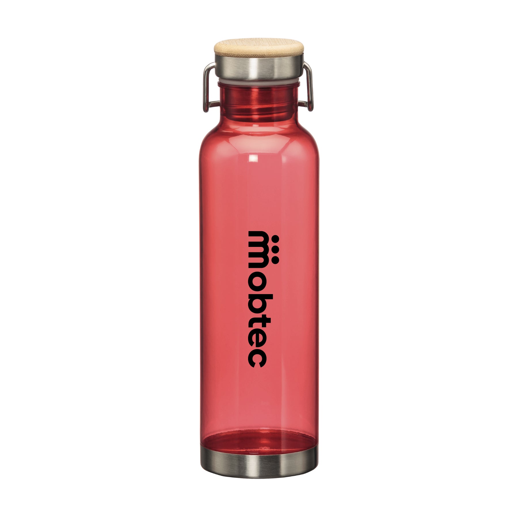 27oz MacLeod bottle with bamboo twist lid and printed logo in black on red body