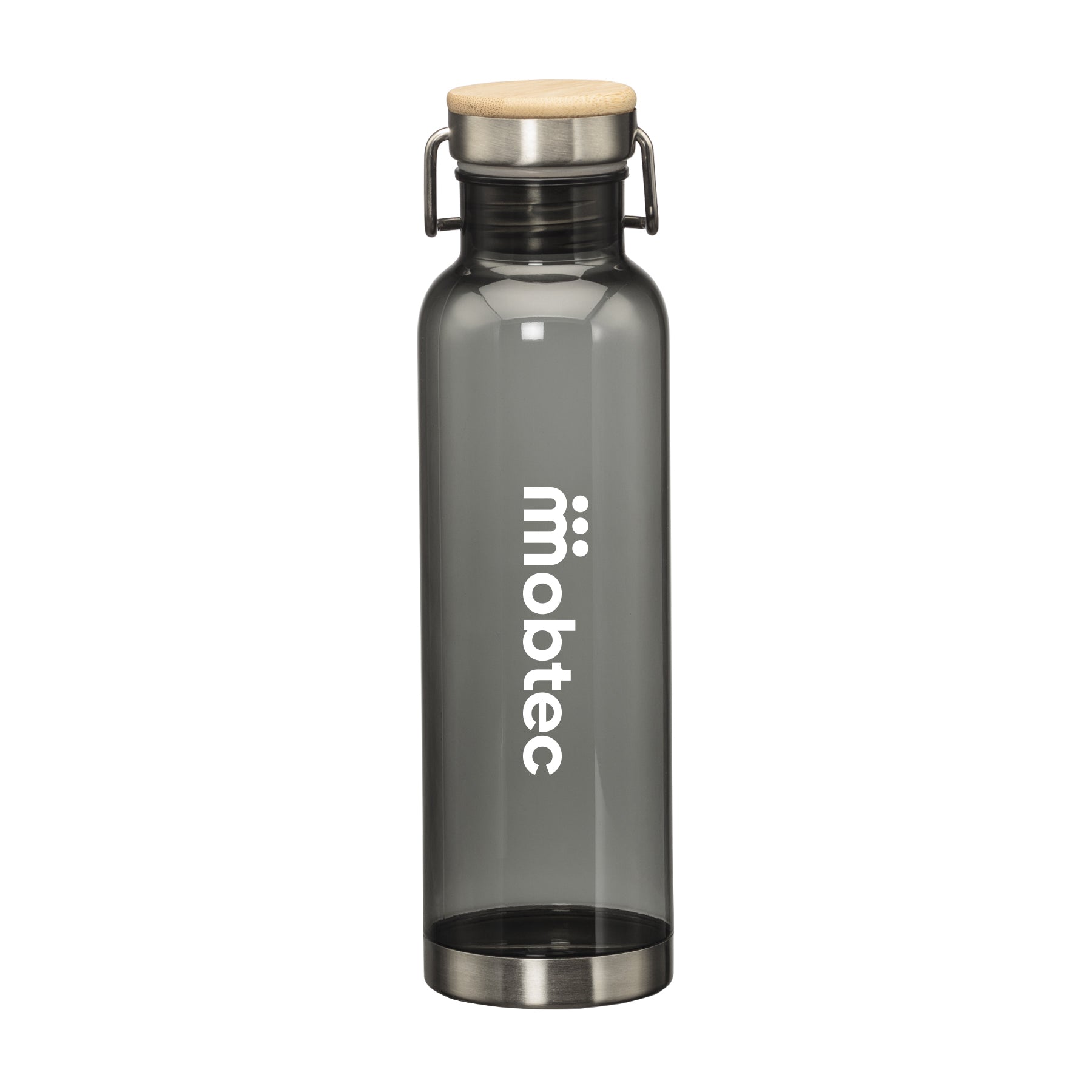27oz MacLeod bottle with bamboo twist lid and printed logo in white on smoke grey body