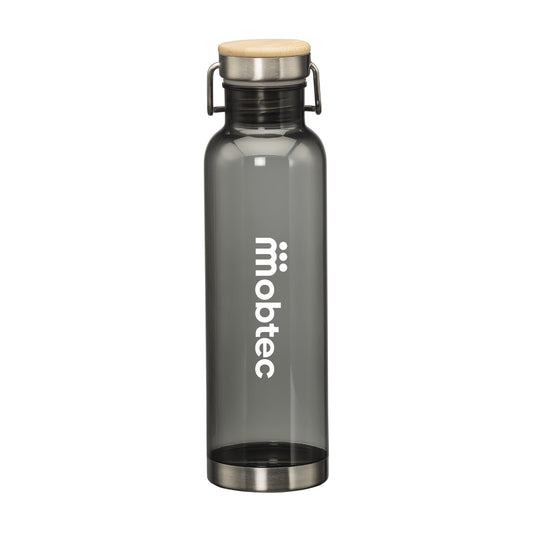27oz MacLeod bottle with bamboo twist lid and printed logo in white on smoke grey body