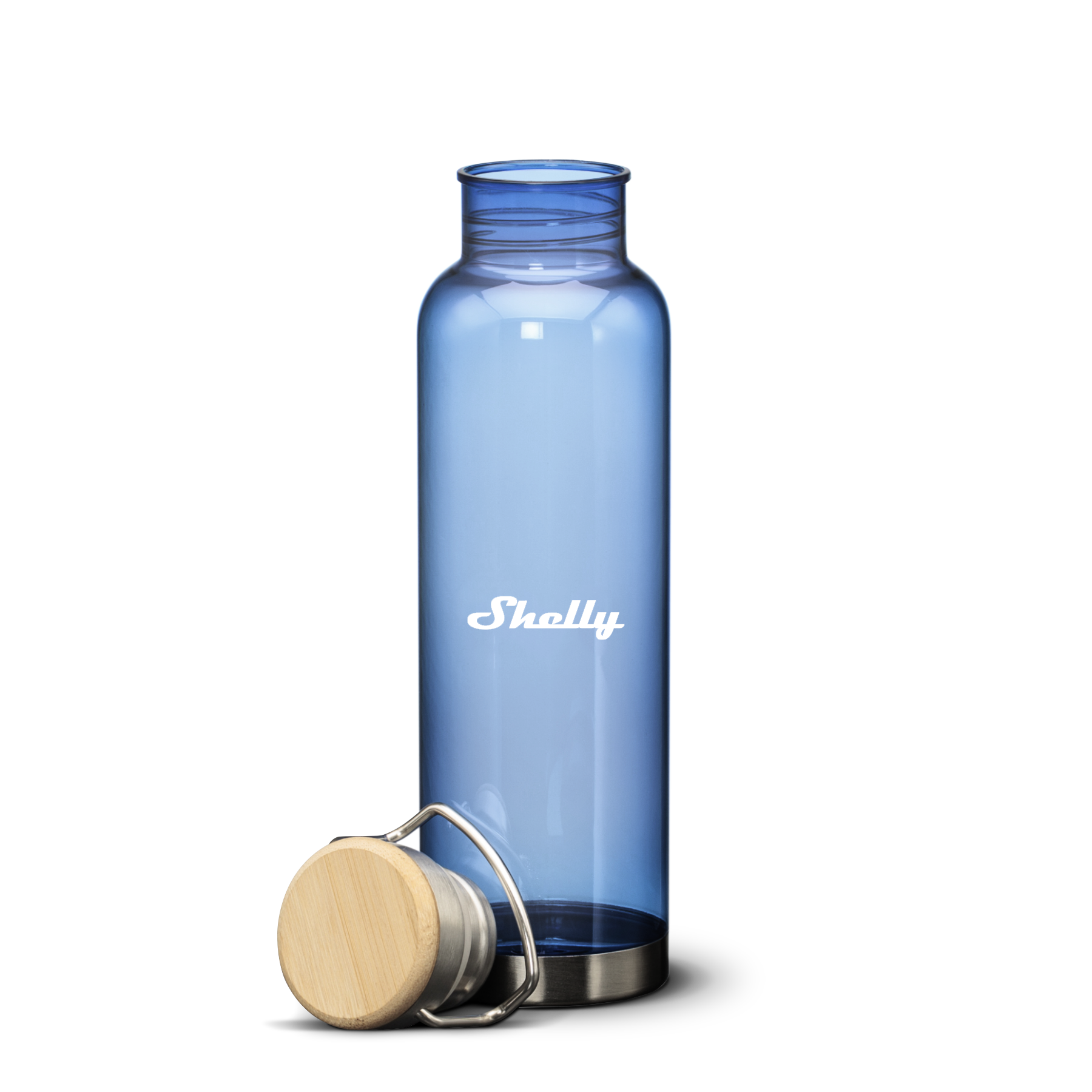 27oz MacLeod bottle in blue with bamboo twist lid off, featuring white printed Shelly logo, transparent background