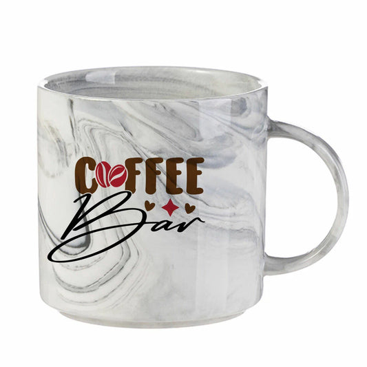 350ml gray marble texture ceramic stackable mug with “Coffee Bar” design featuring coffee bean graphic and decorative elements