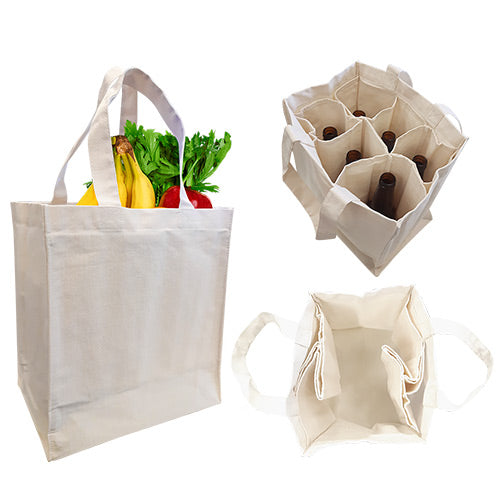 A wine bag made of white canvas, containing a colorful assortment of fruits and vegetables.