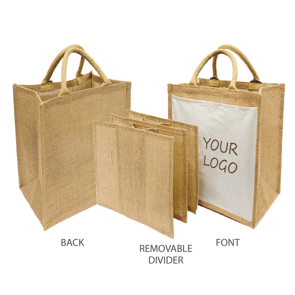 A  jute shopping bag displayed, showcasing their front and back sides, and a removable divider.