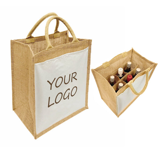A jute bag with 6 bottles of wine inside, featuring a white pocket and logo