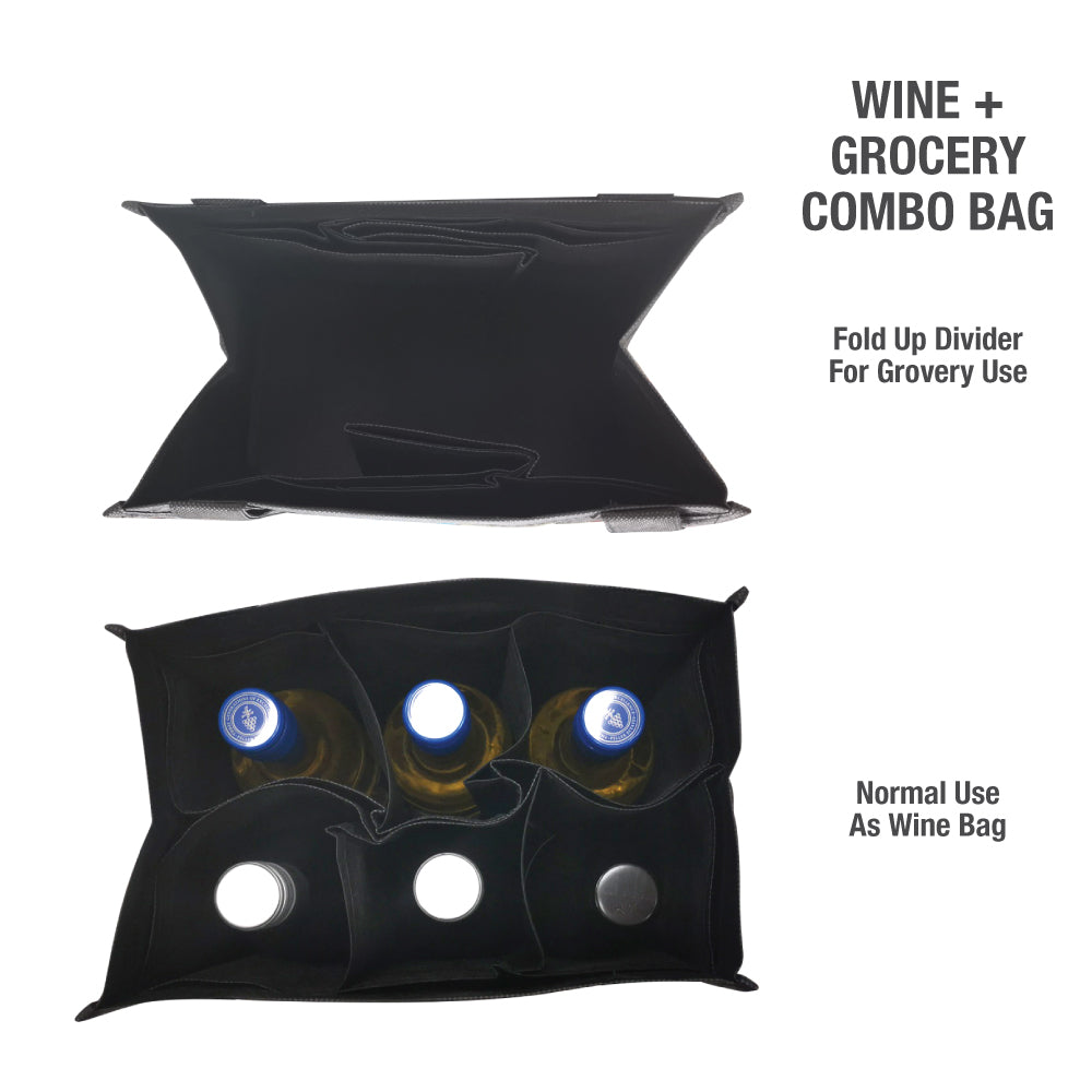 A black combo wine bag containing 6 bottles of wine 