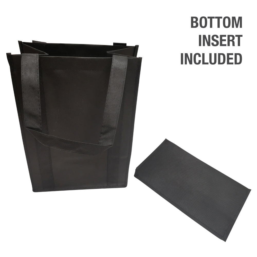 A black wine bag with reinforced handles to bottom and a black bottom insert