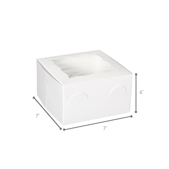 White window bakery box with clear top window, clean and sturdy design, 7 inches by 7 inches by 4 inches, perfect for cakes, cupcakes, and pastries