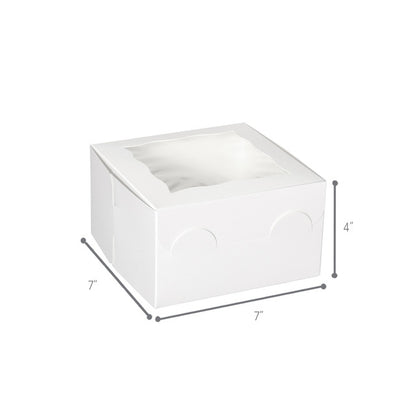 White window bakery box with clear top window, clean and sturdy design, 7 inches by 7 inches by 4 inches, perfect for cakes, cupcakes, and pastries