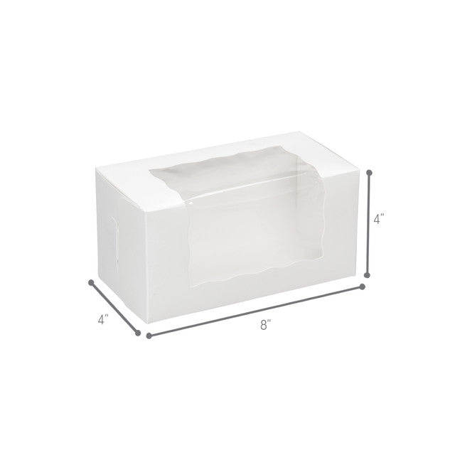 White window bakery box with clear side window, clean and sturdy design, 8 inches by 4 inches by 4 inches, ideal for loaf cakes, pastries, and baked goods