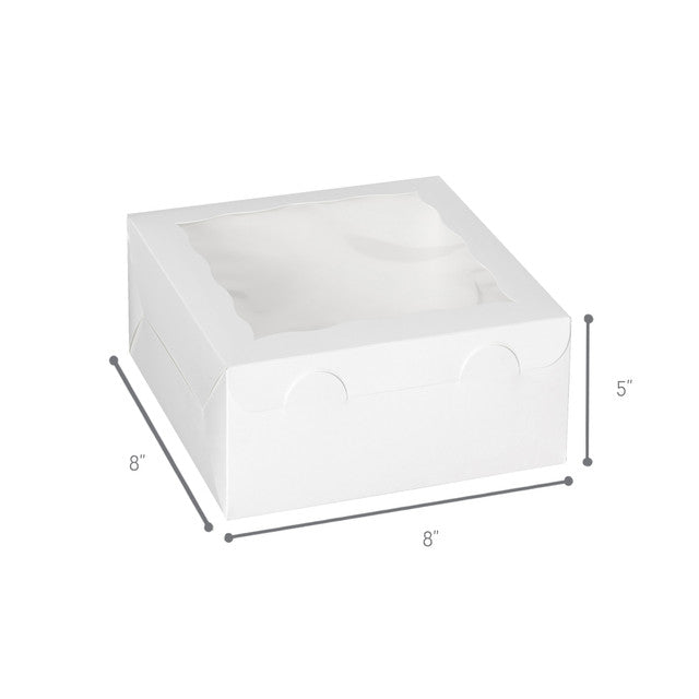 White window bakery box with clear top window, sturdy and clean design, 8 inches by 8 inches by 5 inches, perfect for cakes, cupcakes, and pastries