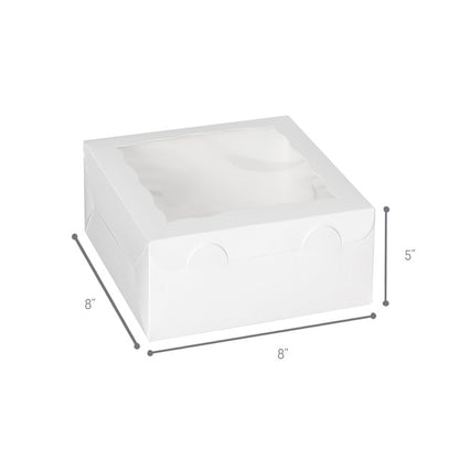 White window bakery box with clear top window, sturdy and clean design, 8 inches by 8 inches by 5 inches, perfect for cakes, cupcakes, and pastries
